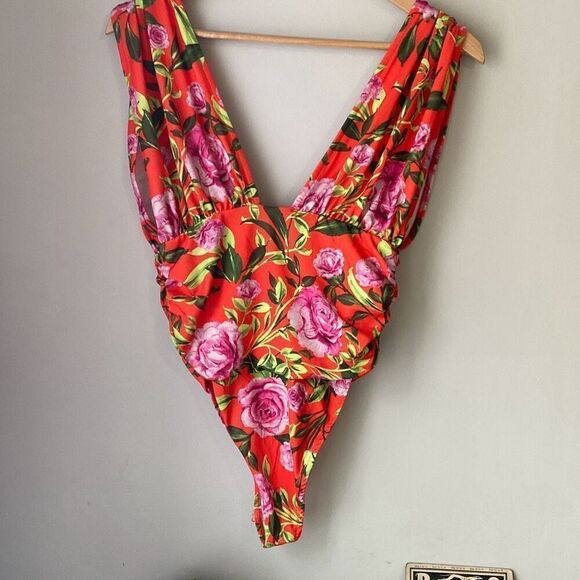 NWT ZARA floral one piece bodysuit ruched size medium orange deep v neck - Picture 5 of 9